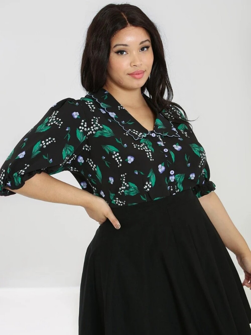 NWT Hell Bunny Black, Green & Purple Flowers Blouse with Scallop Collar